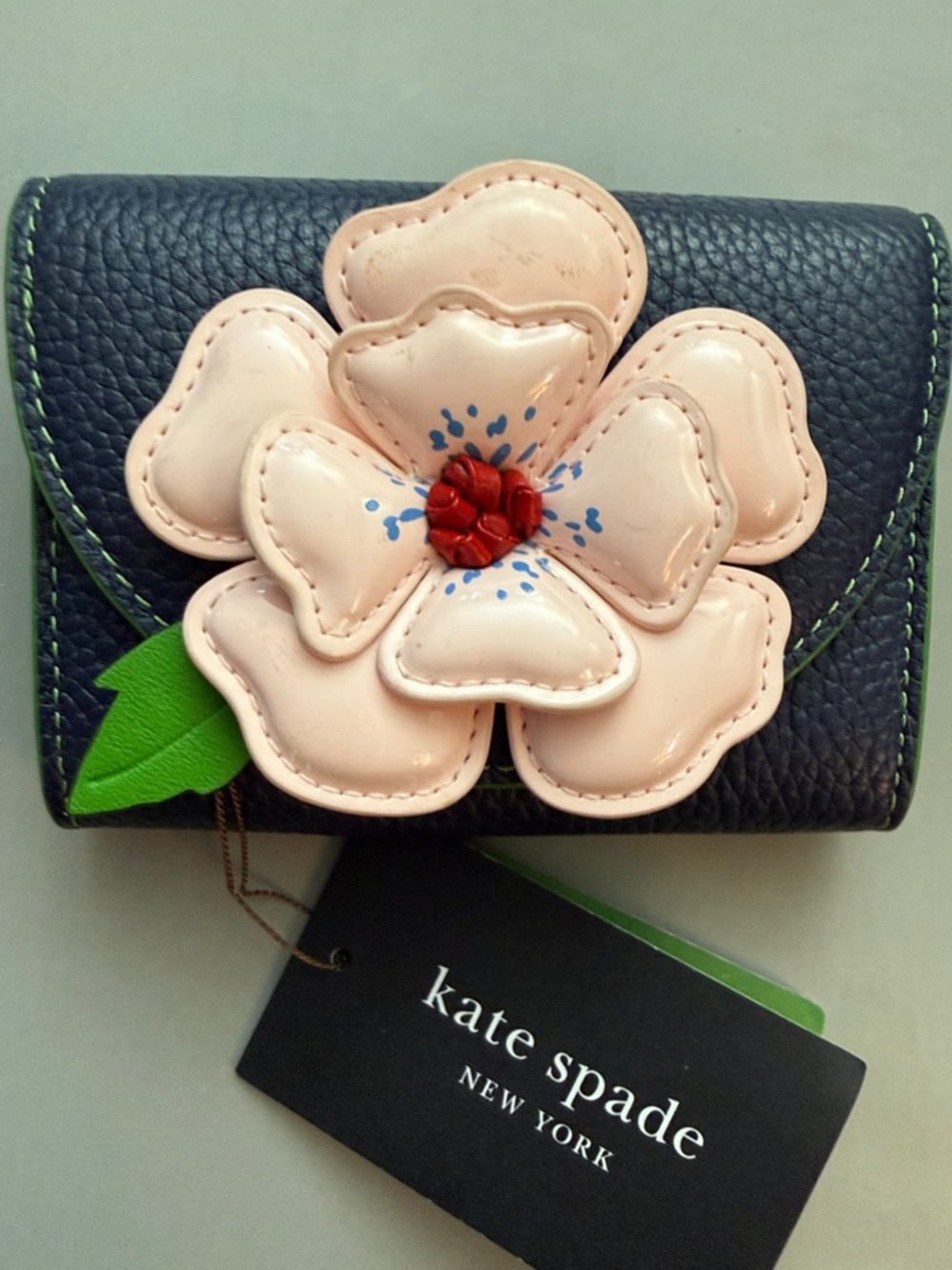 kate spade Navy Card & Key Holder with Pink Floral Applique and Green Leaf
